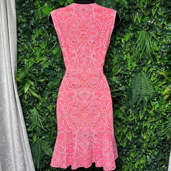 BCBGMAXAZRIA Dress Size 0 Coral Pink Lace Fit Flare Ruffle Hem Cocktail 3460 - Picture 8 of 9